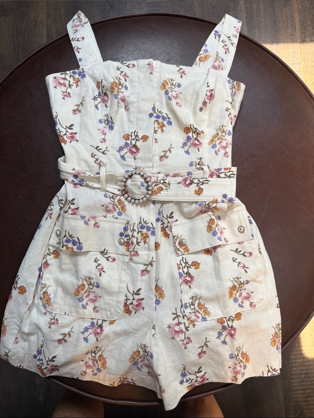 House of Harlow 1960 Cream Floral Belted Linen-Blend Romper